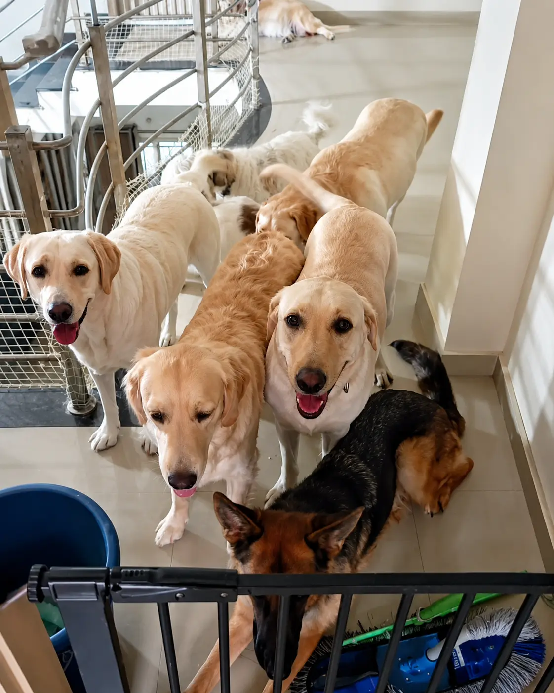 Dogs gathered near a staircase