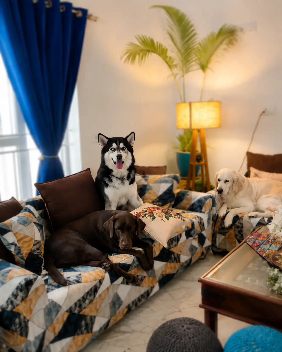 Dogs resting together on sofas