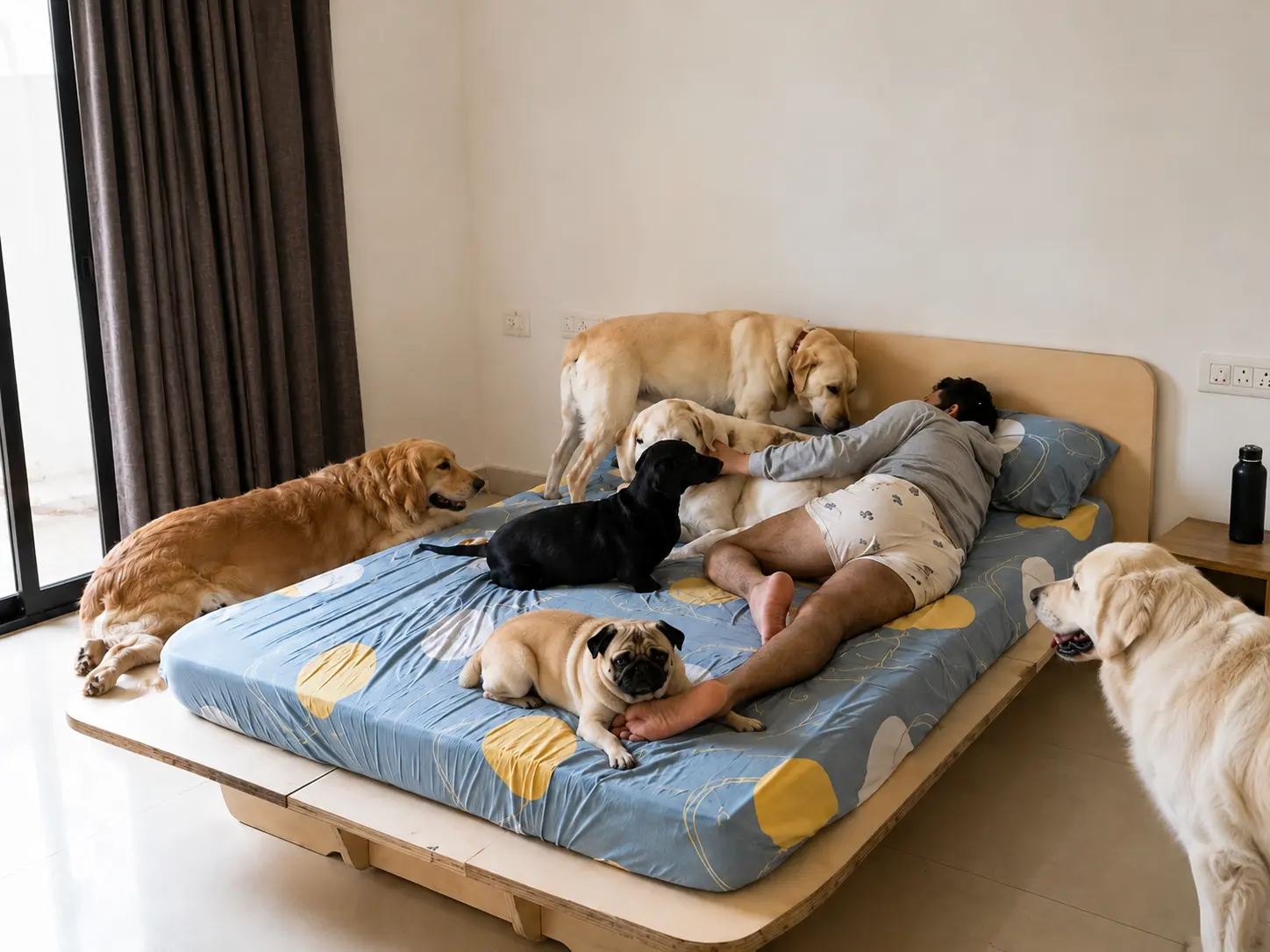 Dogs resting with a person on a bed