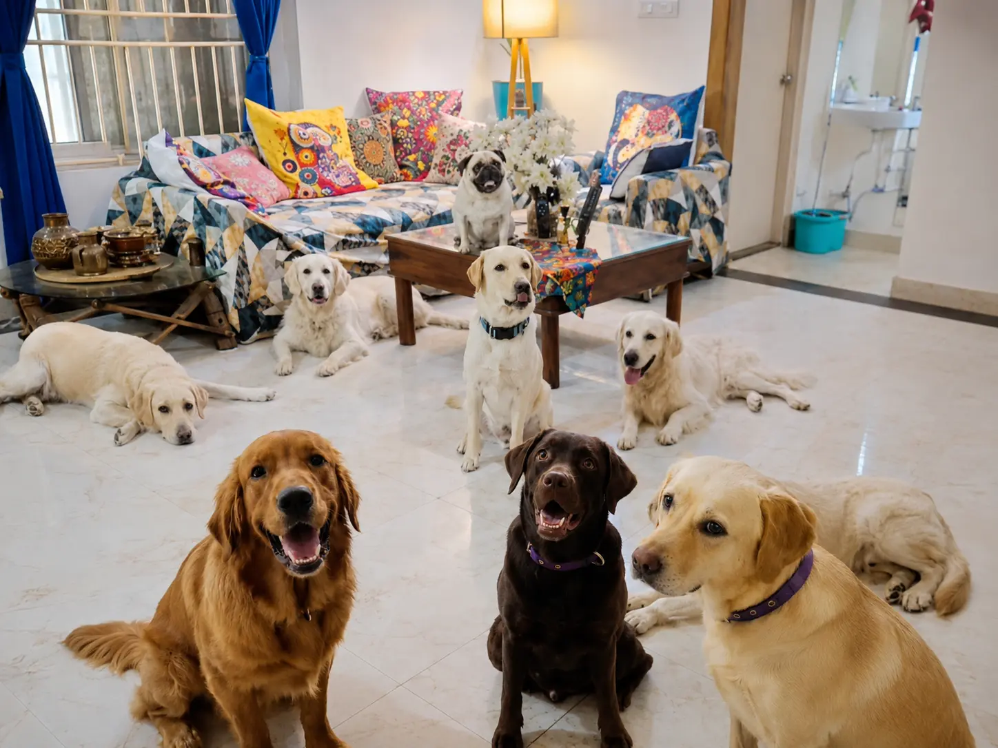 Dogs gathered together in the living room