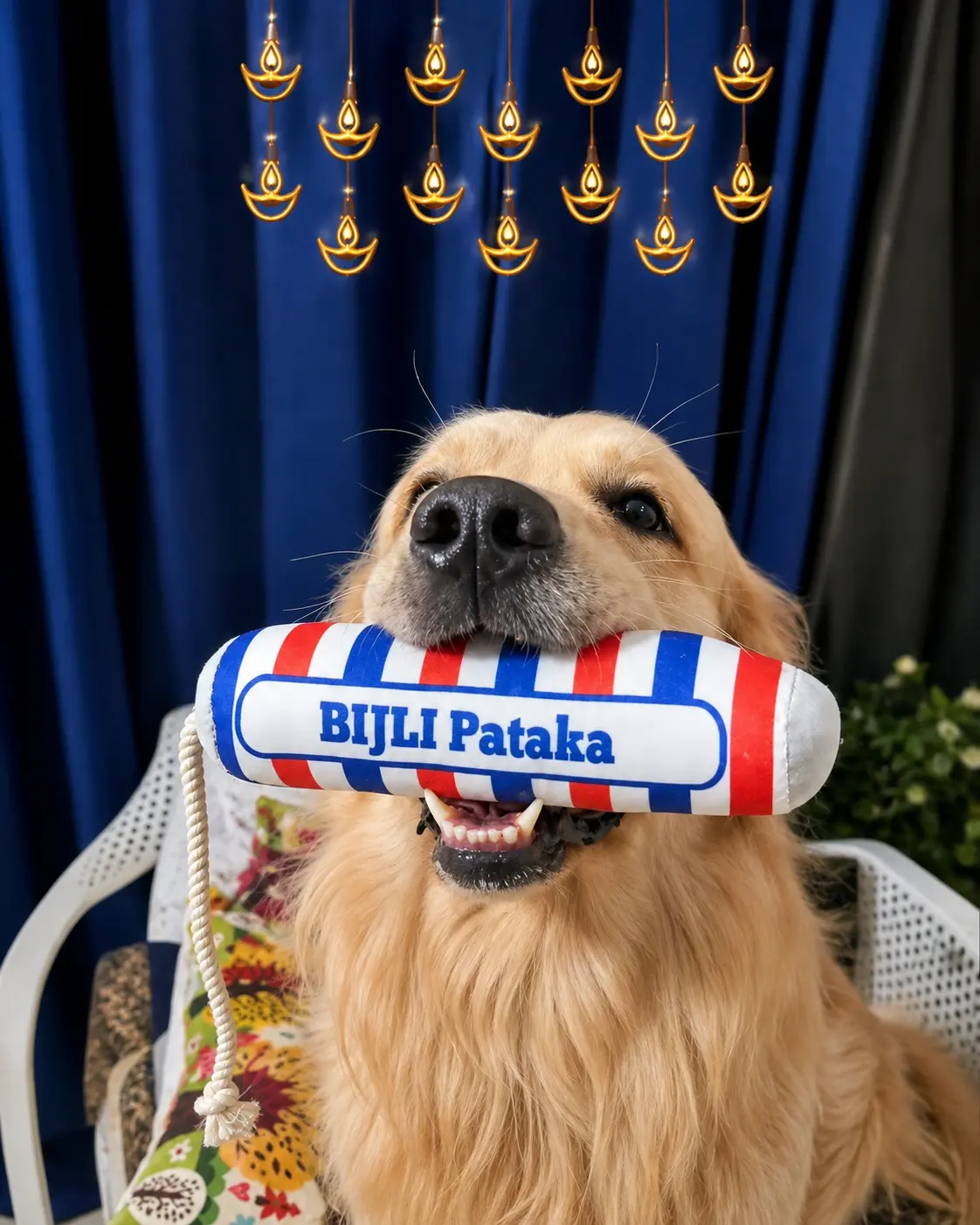A golden retriever holding a toy