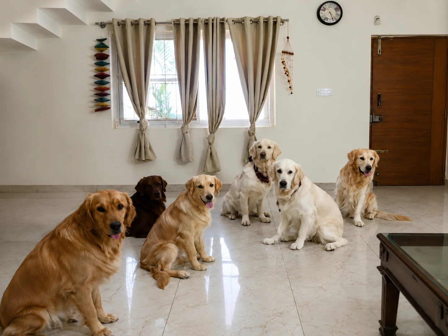 Six dogs sitting together inside the Stay Floofy home