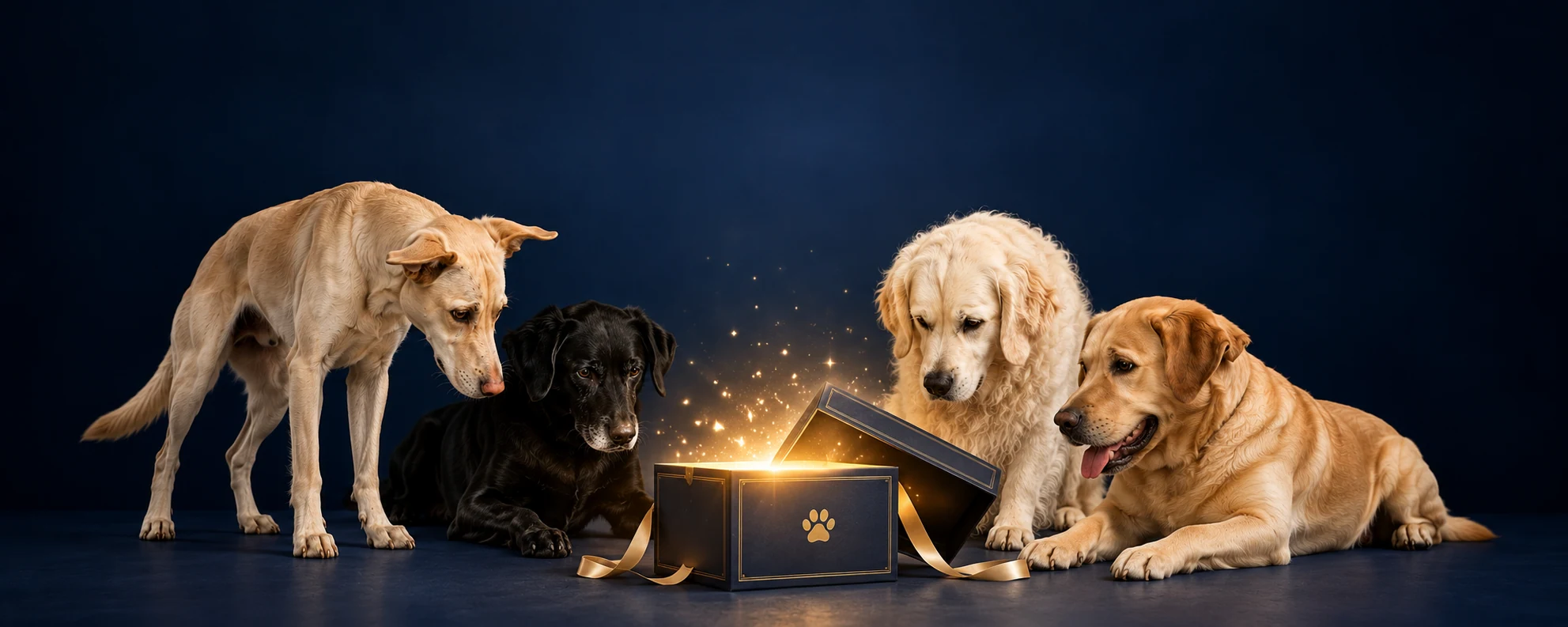 Four Stay Floofy dogs gathered around a glowing gift box