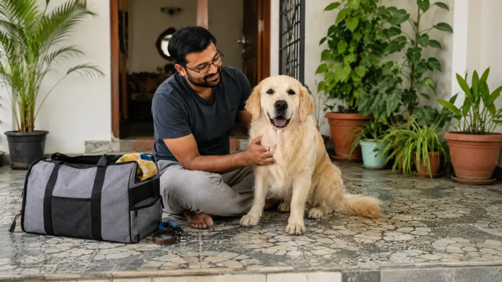 Pet parent welcoming a Golden Retriever home after a boarding stay with the dog’s bag beside them.