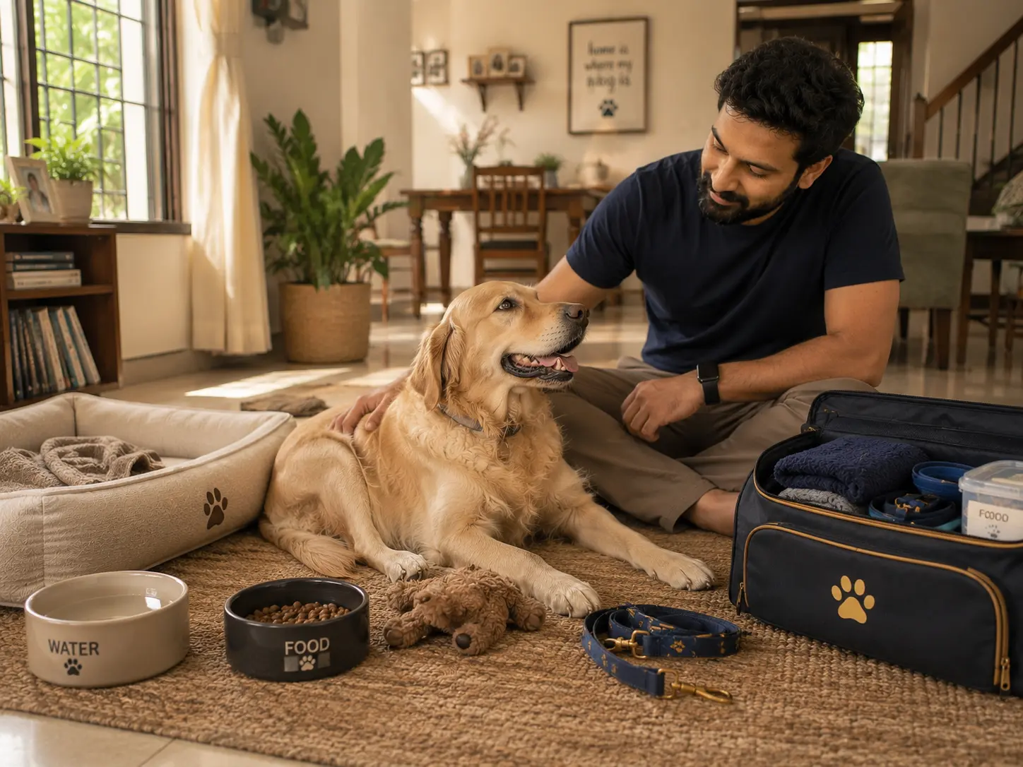 Golden Retriever settling back into a familiar home routine with food, water and PawPaw nearby.