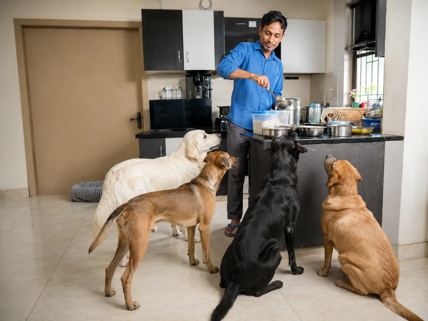 Birendar bhai preparing food while dogs wait nearby.
