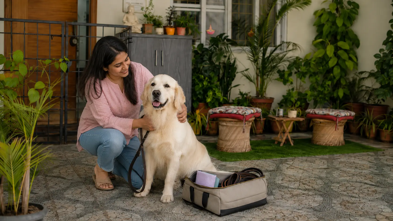 Pet parent kneeling beside a Golden Retriever with a small boarding bag before the dog's stay.