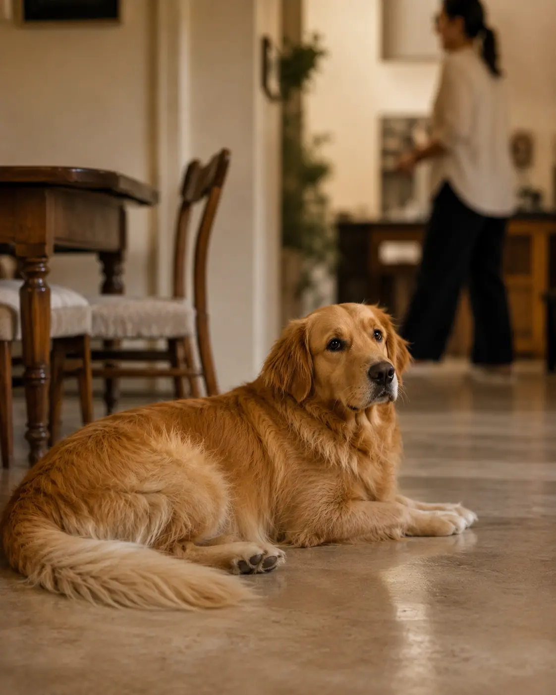 Golden retriever lying on a tiled floor in a home