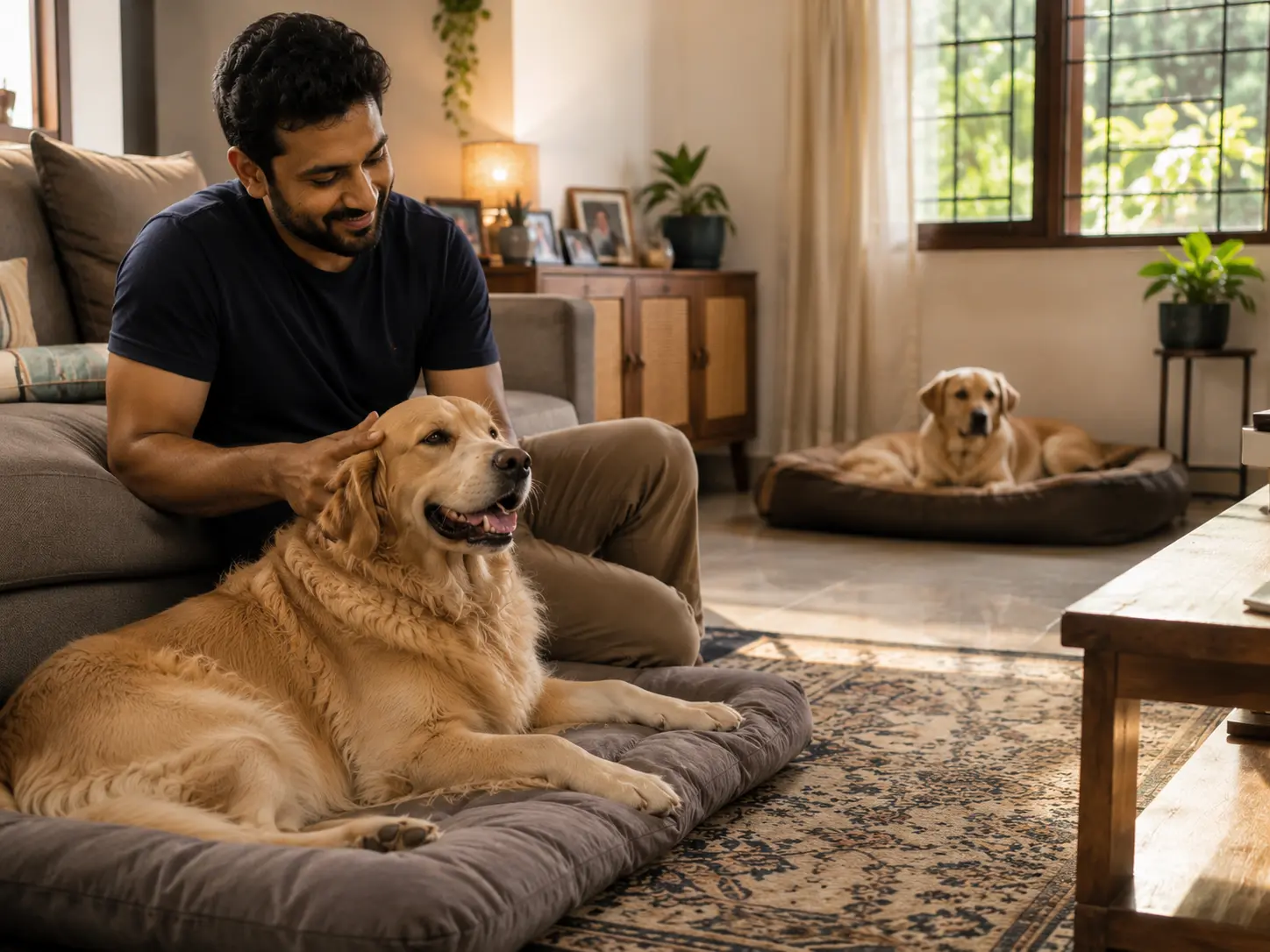 Golden Retriever relaxing in a home while PawPaw sits nearby.