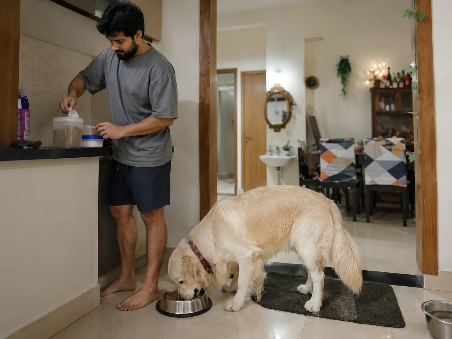 Pet parent preparing the dog's usual breakfast while the Golden Retriever eats nearby.
