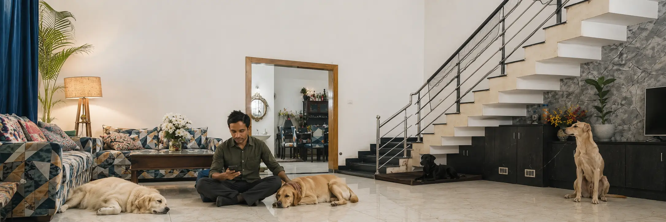 Dogs resting together beside a travel bag indoors.