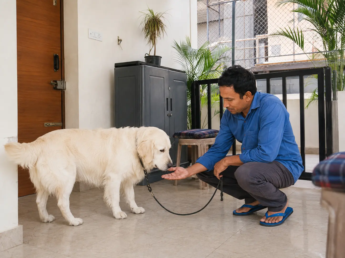 Golden Retriever calmly meeting a caregiver during an introductory boarding visit.