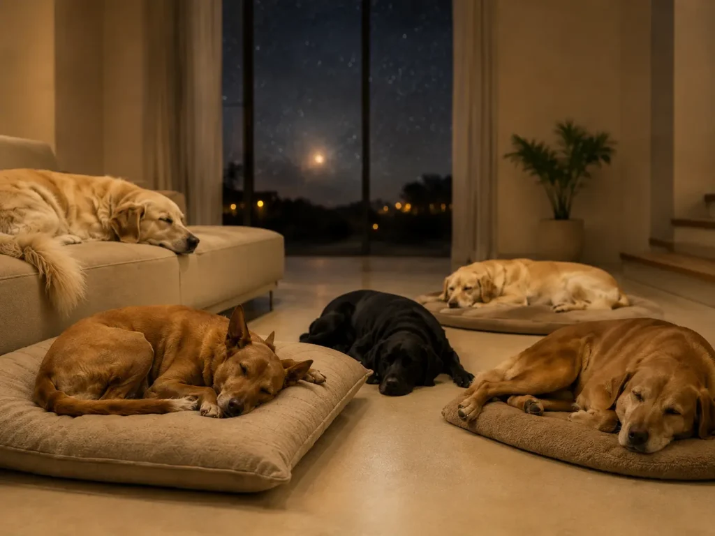 Dogs gathered in a home near a travel bag.
