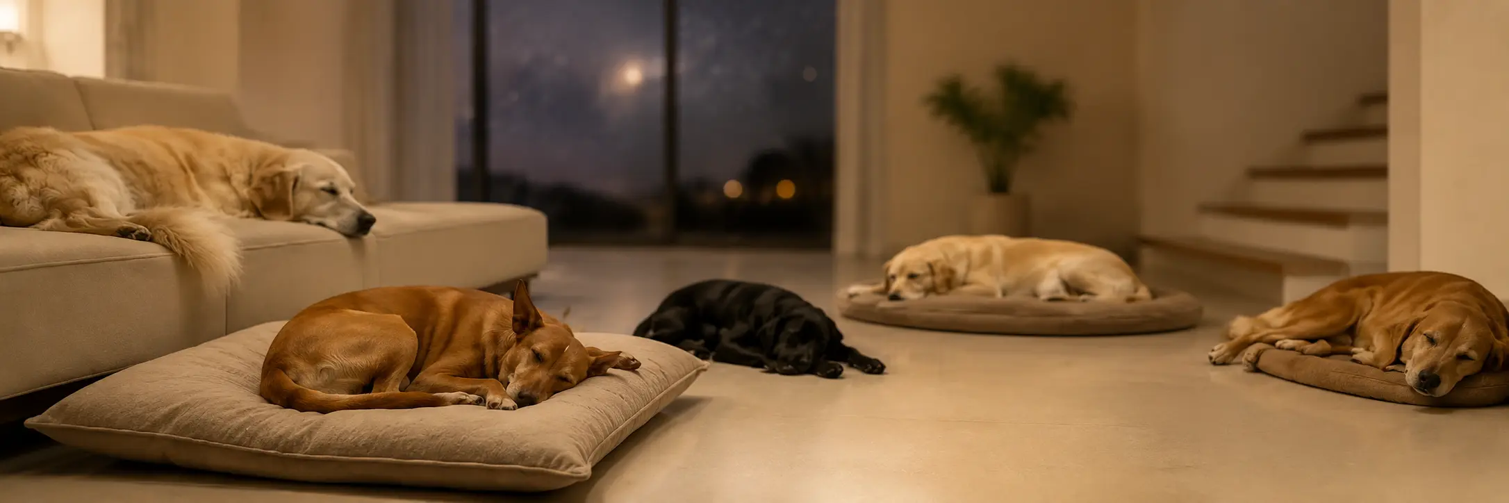 Dogs resting quietly in a Stay Floofy home.