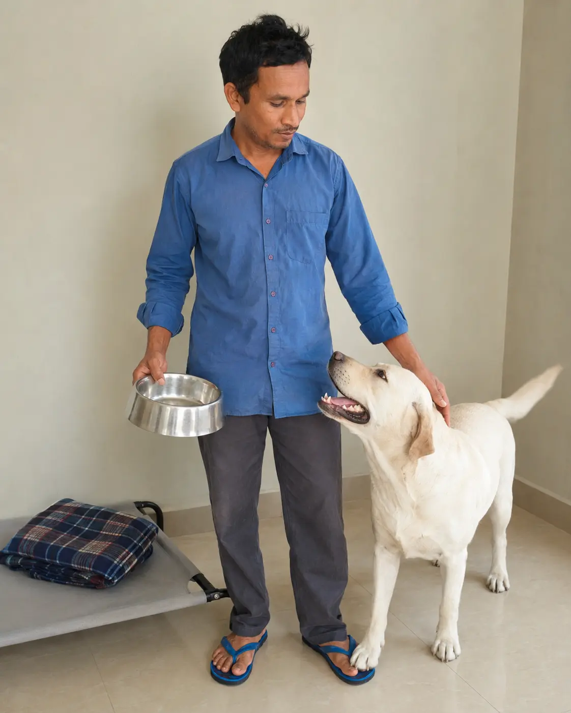 A caregiver sitting casually while dogs rest naturally around the room.