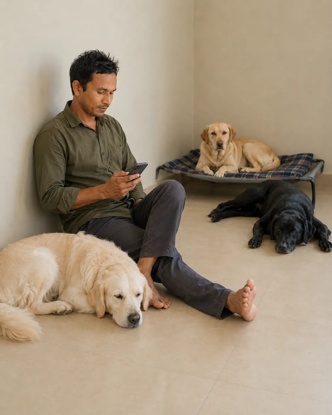 Caregiver sitting with three resting dogs in a quiet room