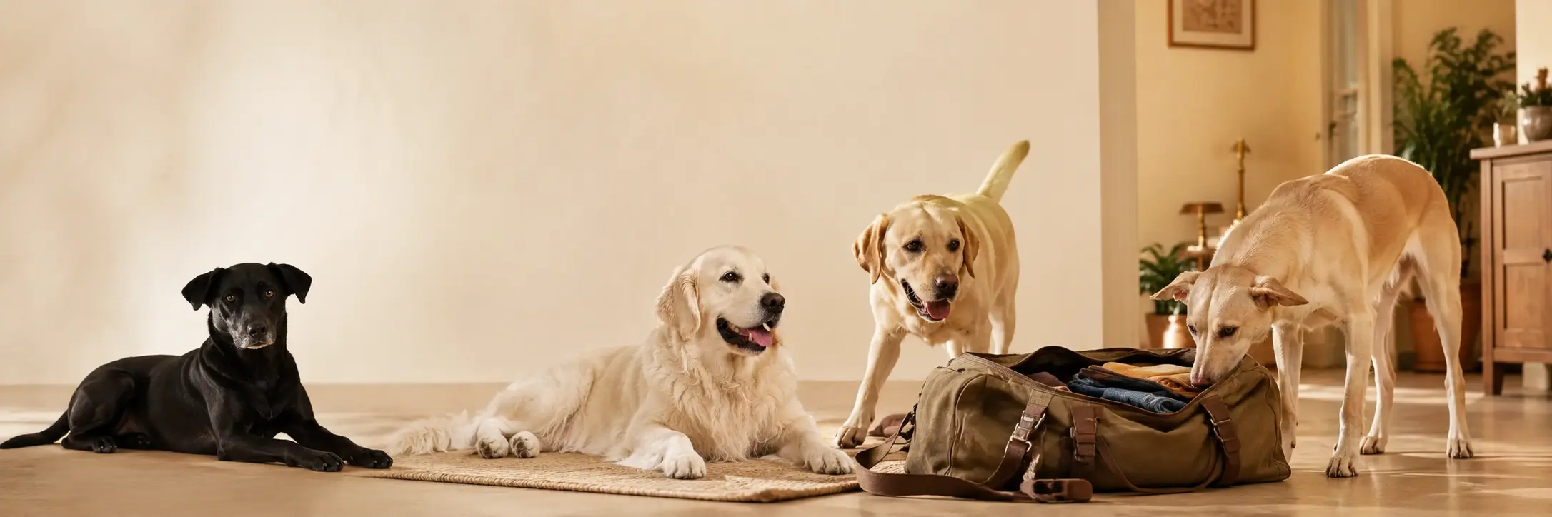 Four dogs gathered around a travel bag in a home