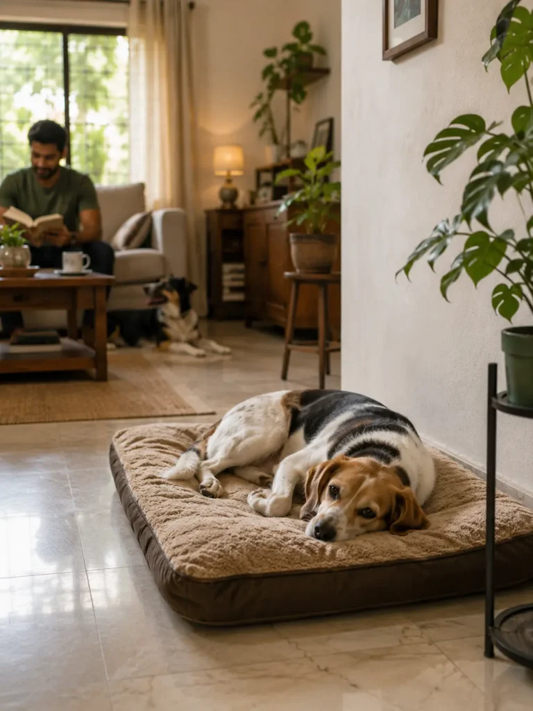 A dog resting on a bed while PawPaw reads nearby at home.