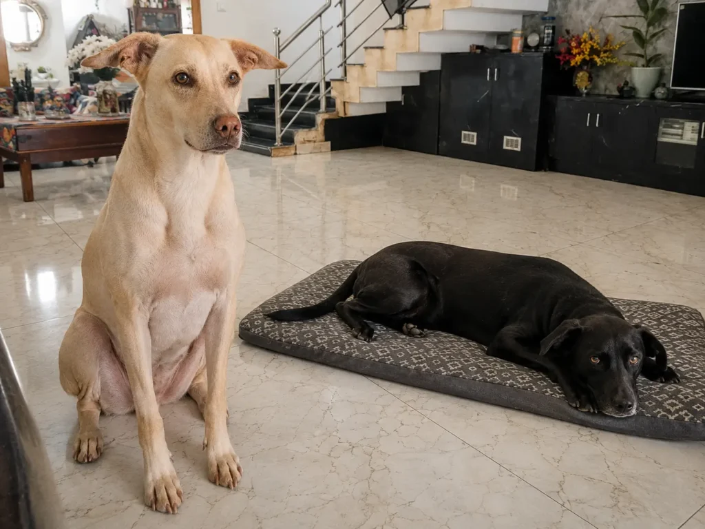 A light-coloured dog sitting while a black dog rests on a bed at home.