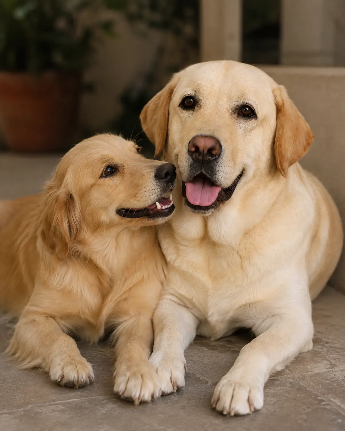 Two golden retrievers resting close together on the floor