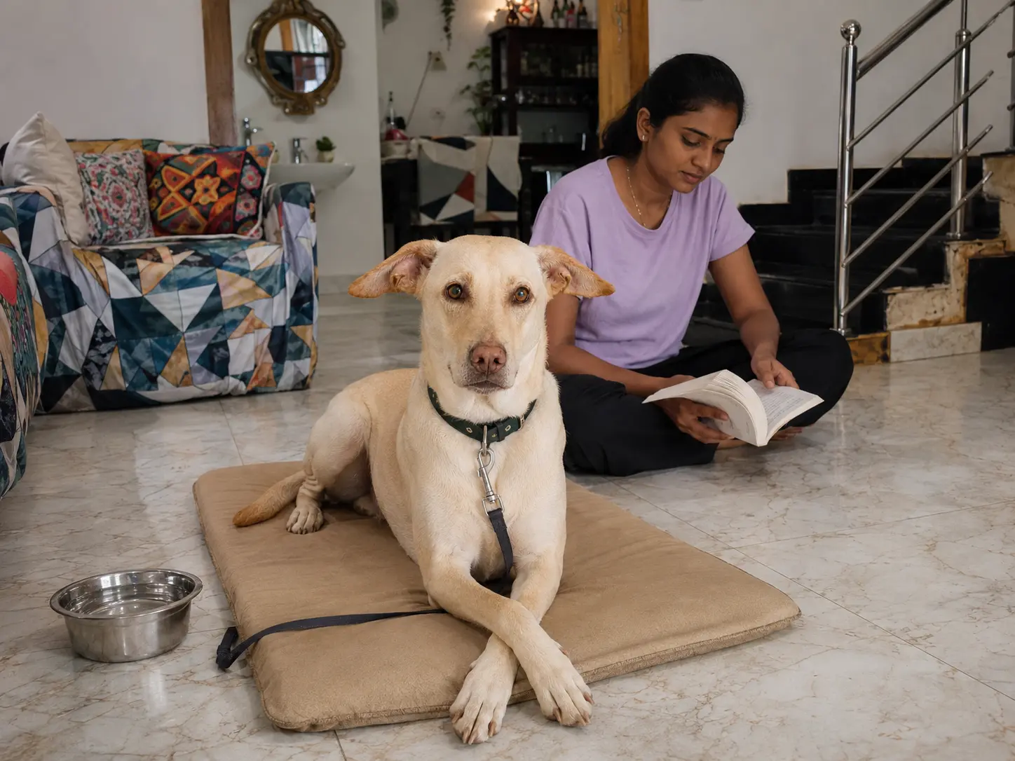 Dog resting on a mat at home while a pet sitter reads nearby.