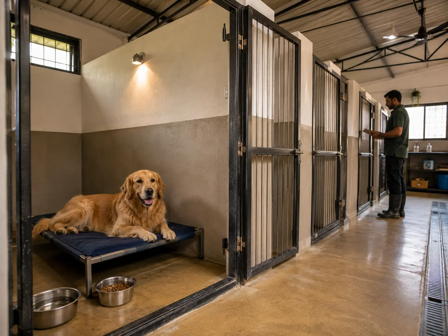 Golden Retriever resting in a private kennel space with a carer nearby.