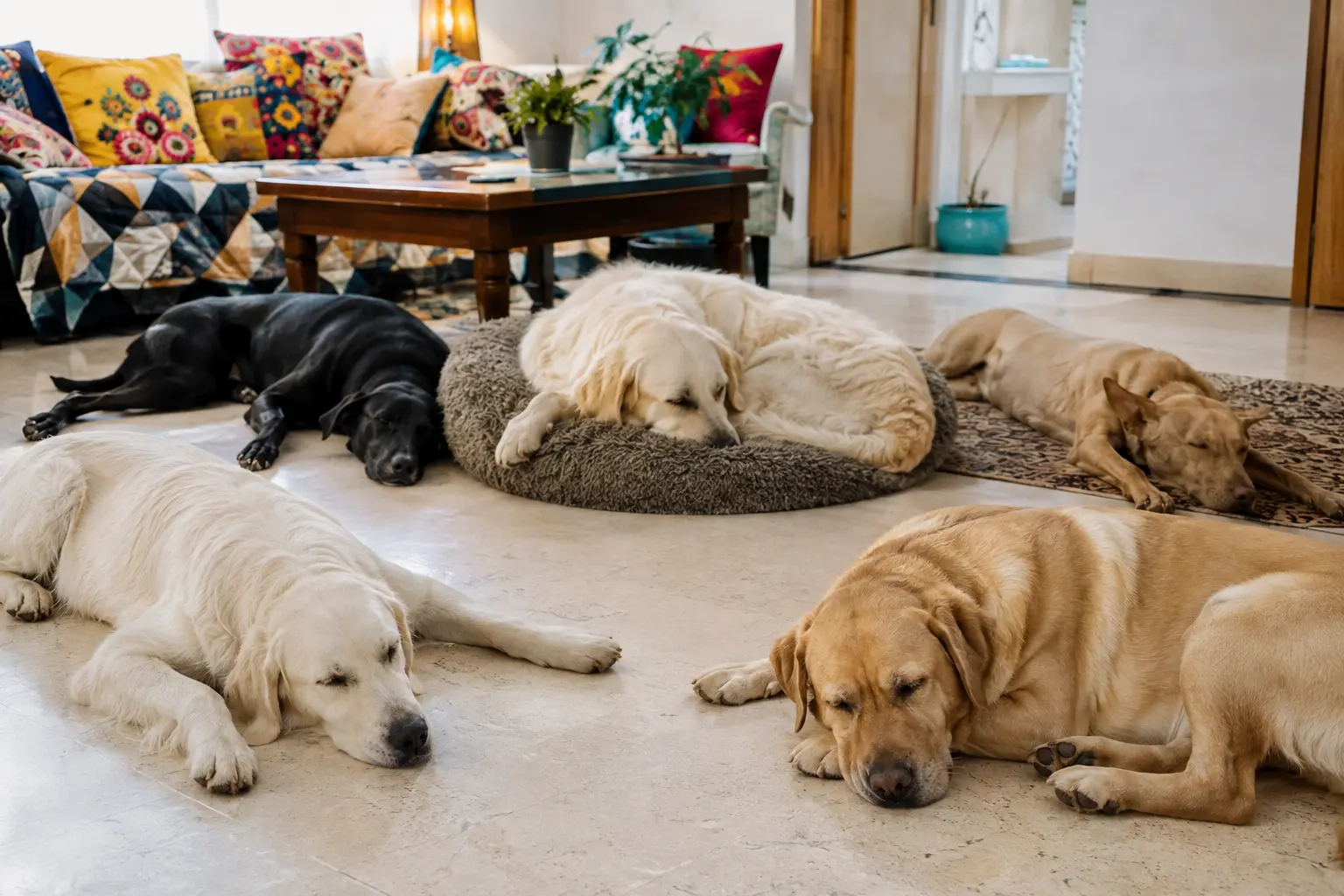 Dogs resting together after play.