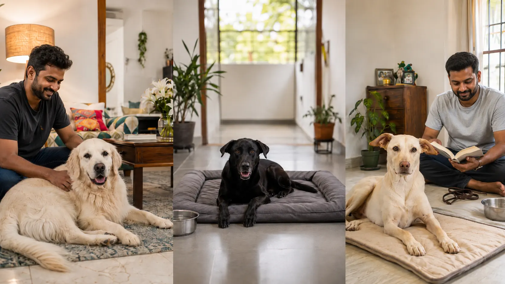 Three dogs in different home-care settings: a Golden Retriever with PawPaw, a black dog resting in a bed, and a dog with a caregiver.