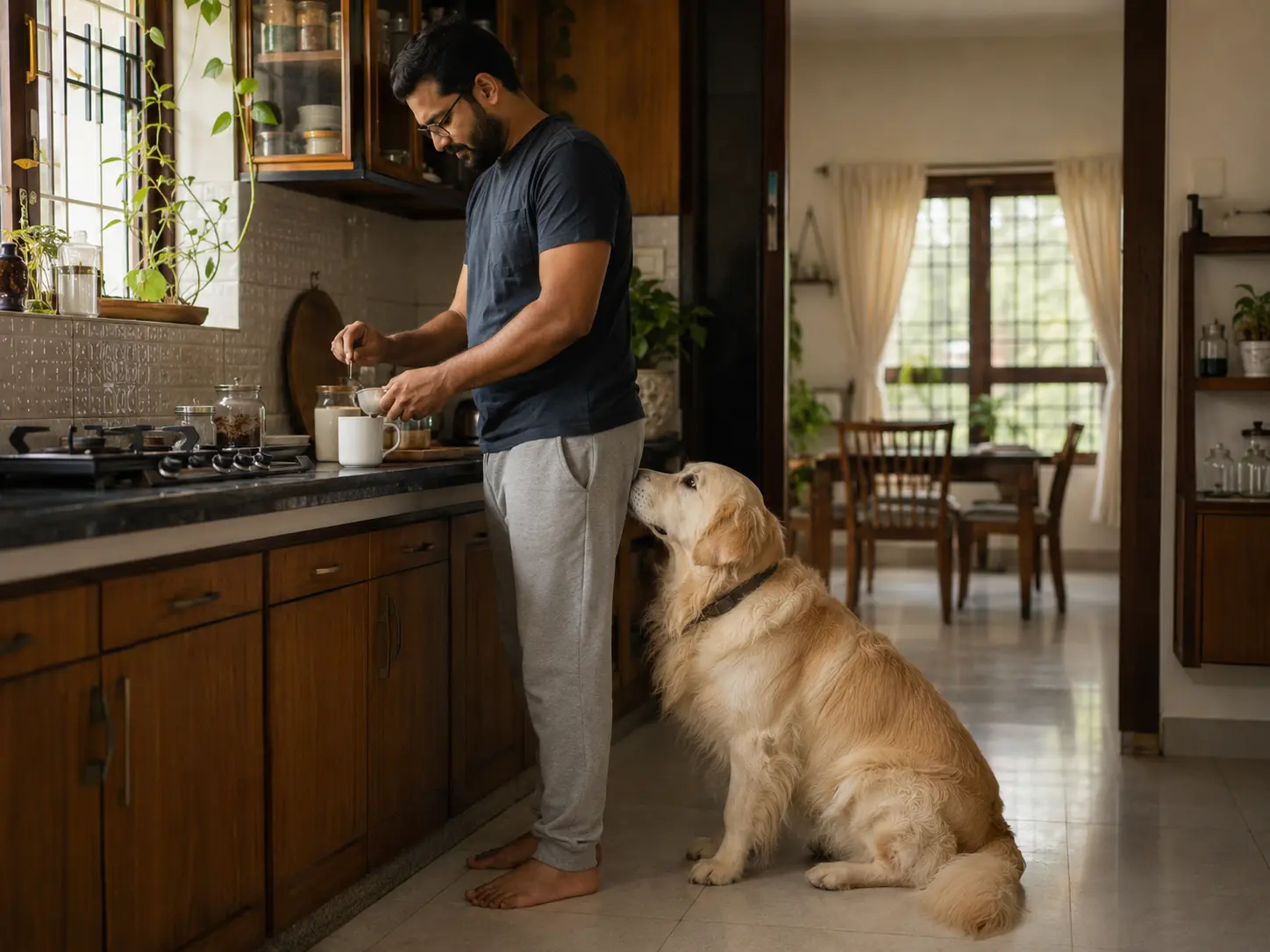Golden Retriever staying close to their PawPaw during an ordinary activity at home.