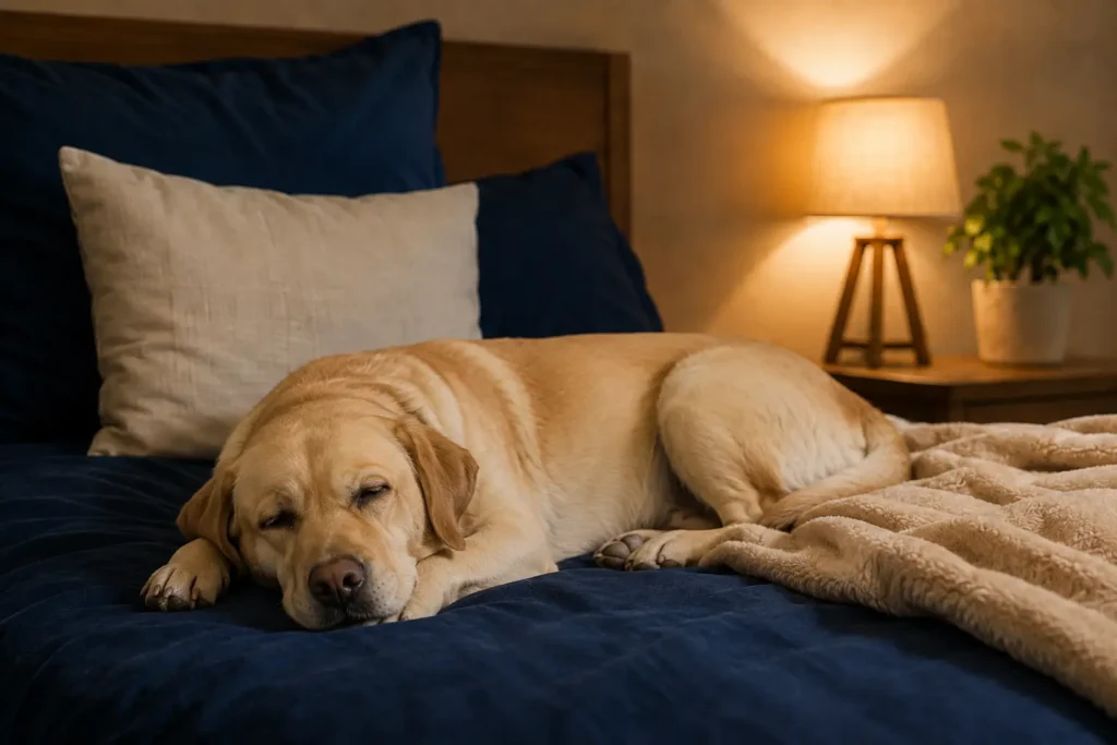 A Labrador sleeping comfortably on a bed in a warm home setting.