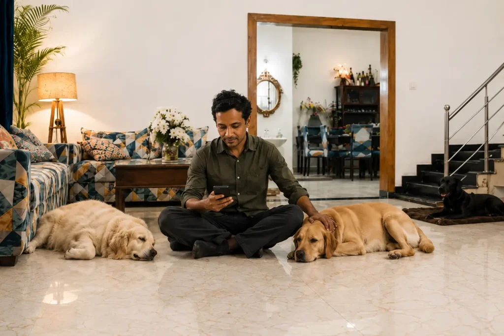A man sitting on the floor in a home while several dogs rest calmly around him.