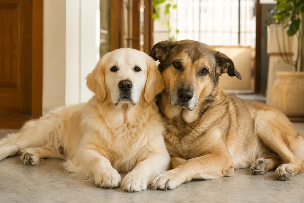 Asteroid Jr. resting closely beside another dog inside the Stay Floofy home.