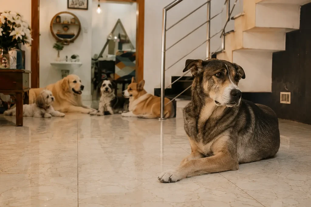 Dog resting separately from a group of dogs inside the Stay Floofy home.