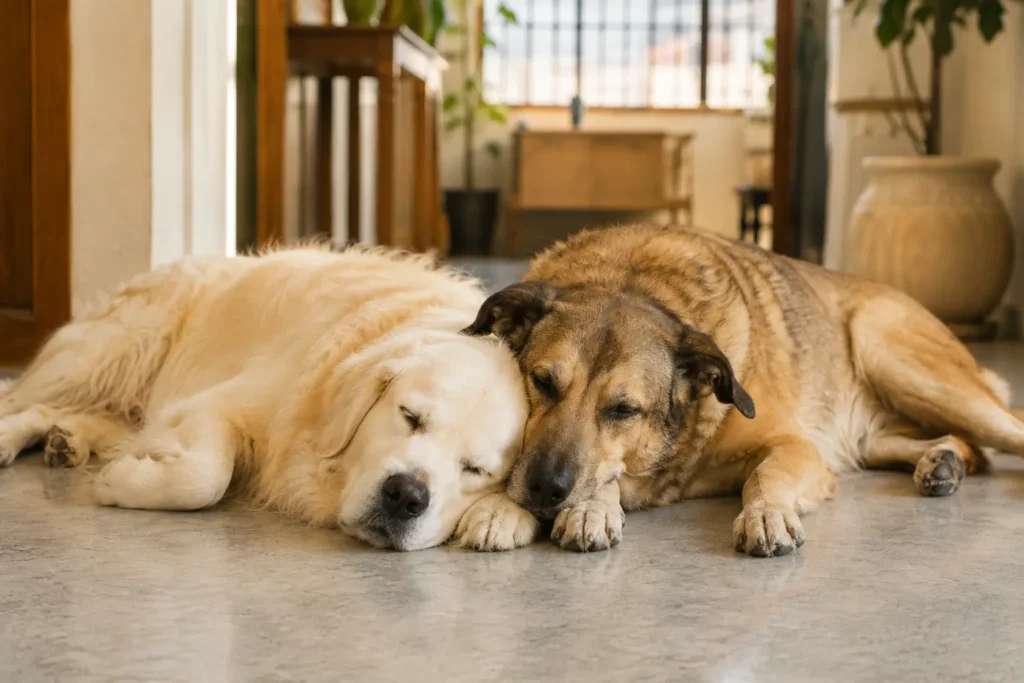 Asteroid Jr. and another dog sleeping side by side on the floor.