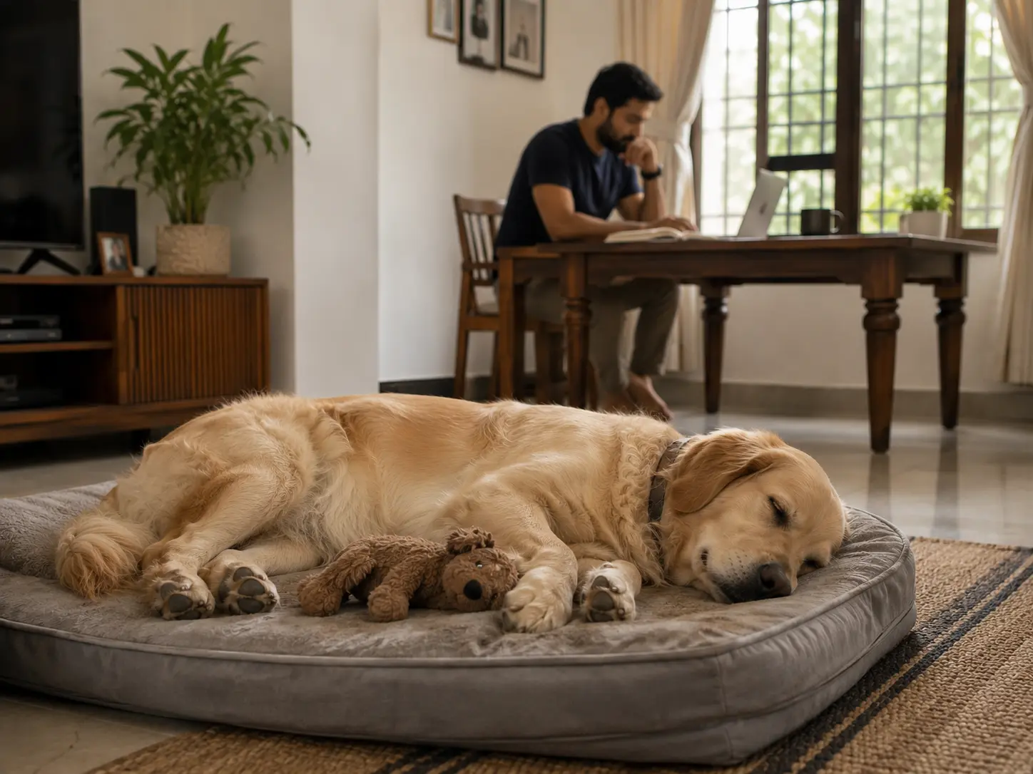 Golden Retriever sleeping deeply at home after returning from boarding.