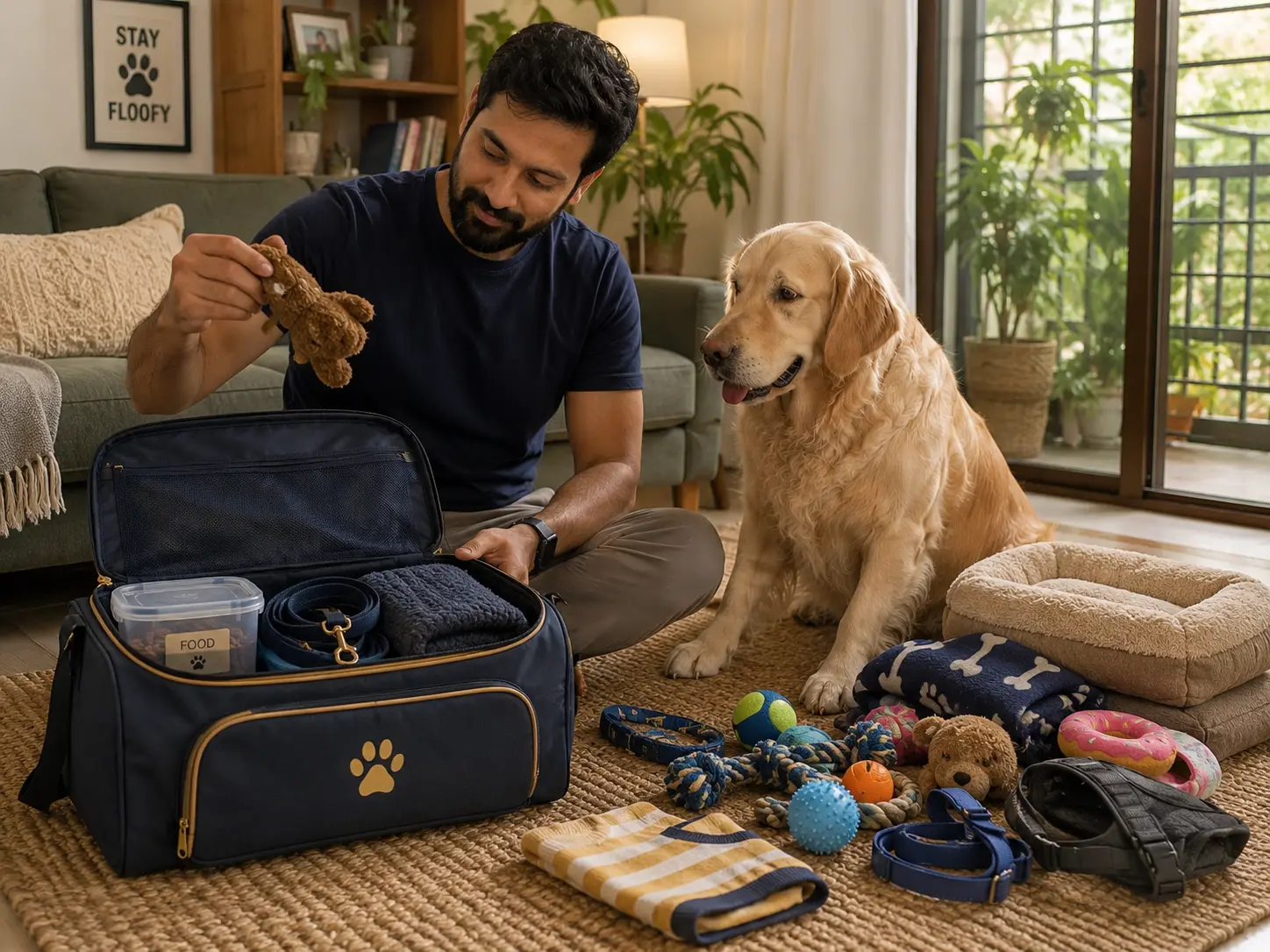 Pet parent deciding which toys and comfort items to leave out of a dog boarding bag.