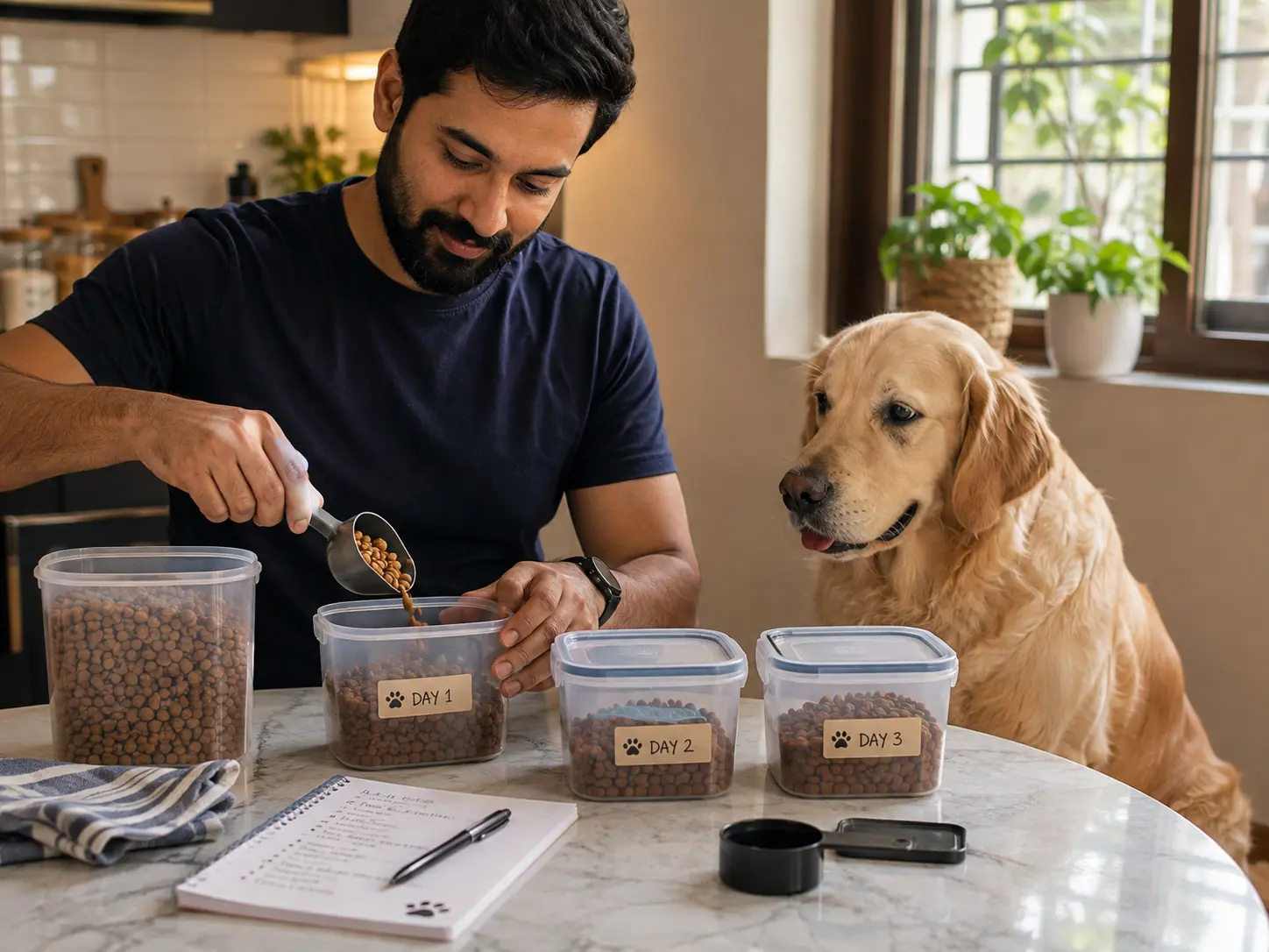 Pet parent portioning a Golden Retriever’s regular food into labelled containers before boarding.
