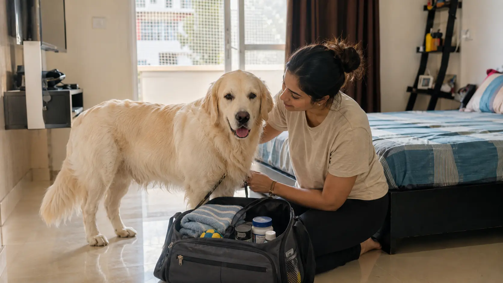 Pet parent packing an overnight boarding bag beside a Golden Retriever at home.