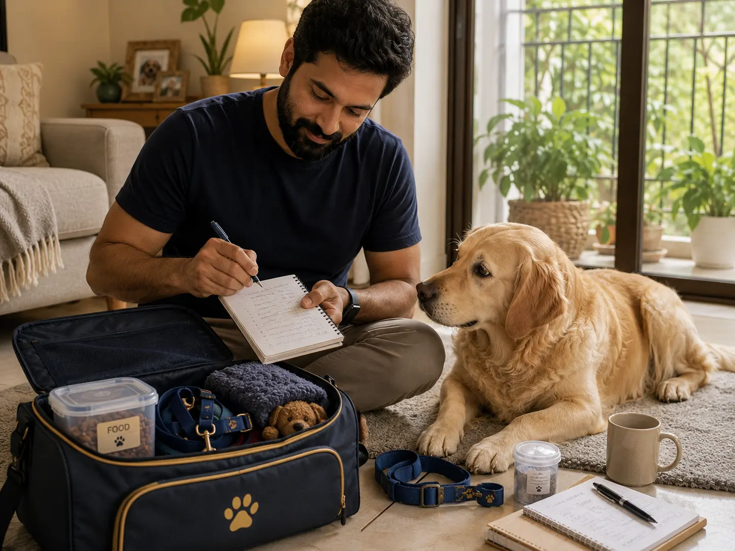 Pet parent writing dog-care notes beside a packed boarding bag and Golden Retriever.