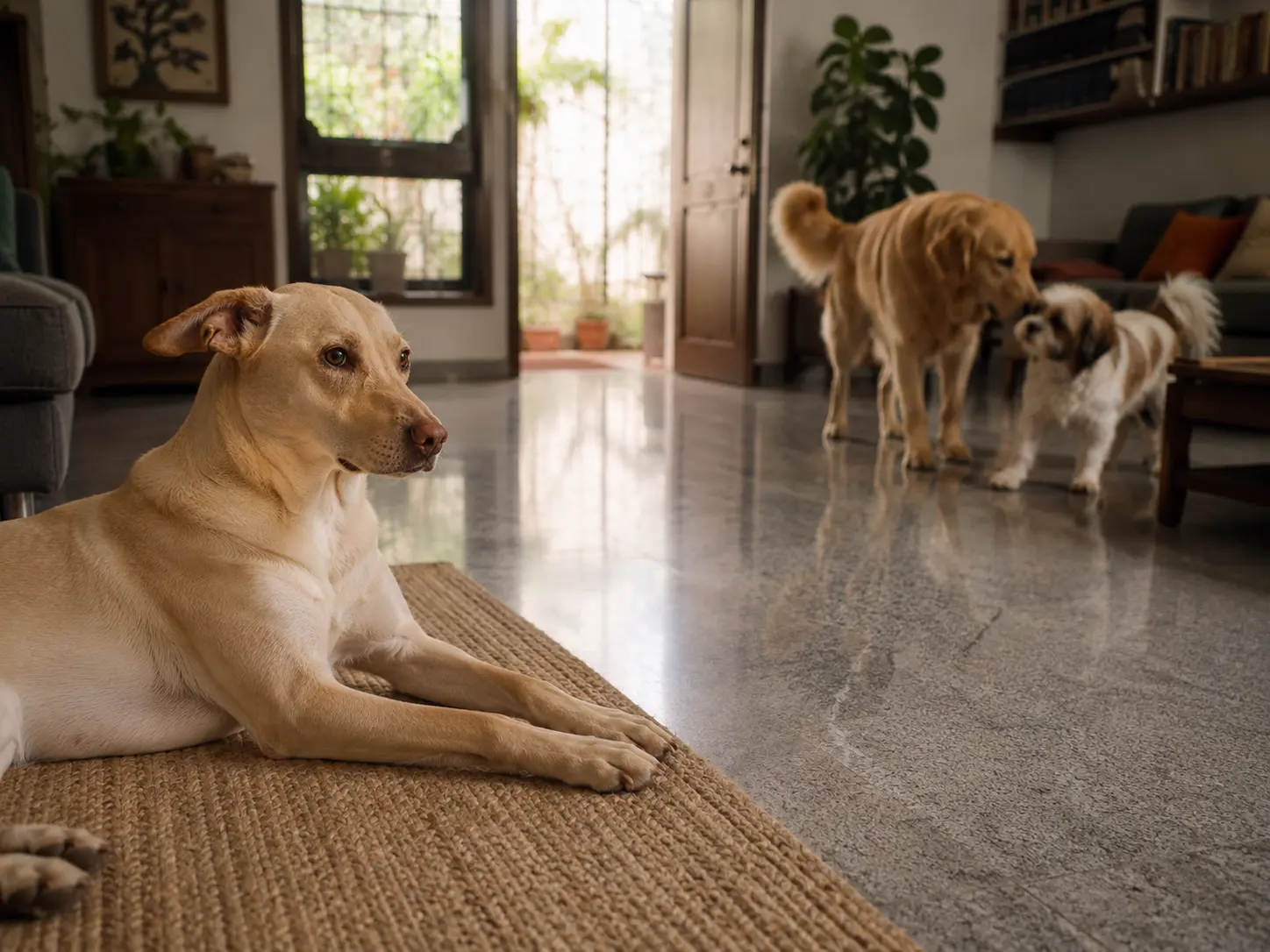 Dog watching other dogs in a home living room